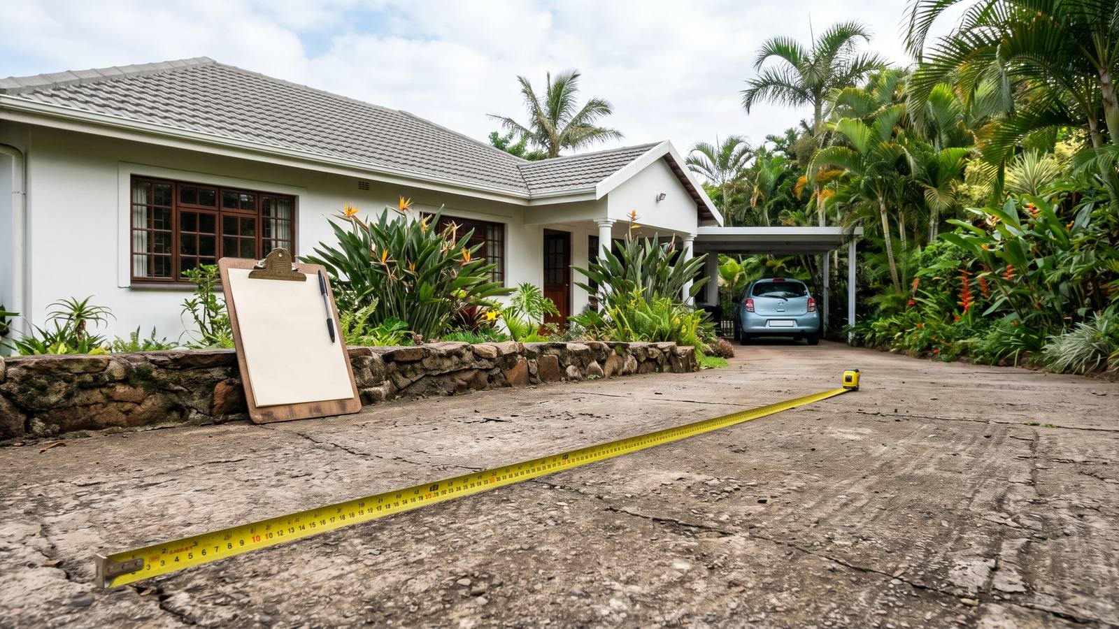Tape measure stretched across a worn concrete driveway at a plastered home with a tropical garden, ready for a paving quote.
