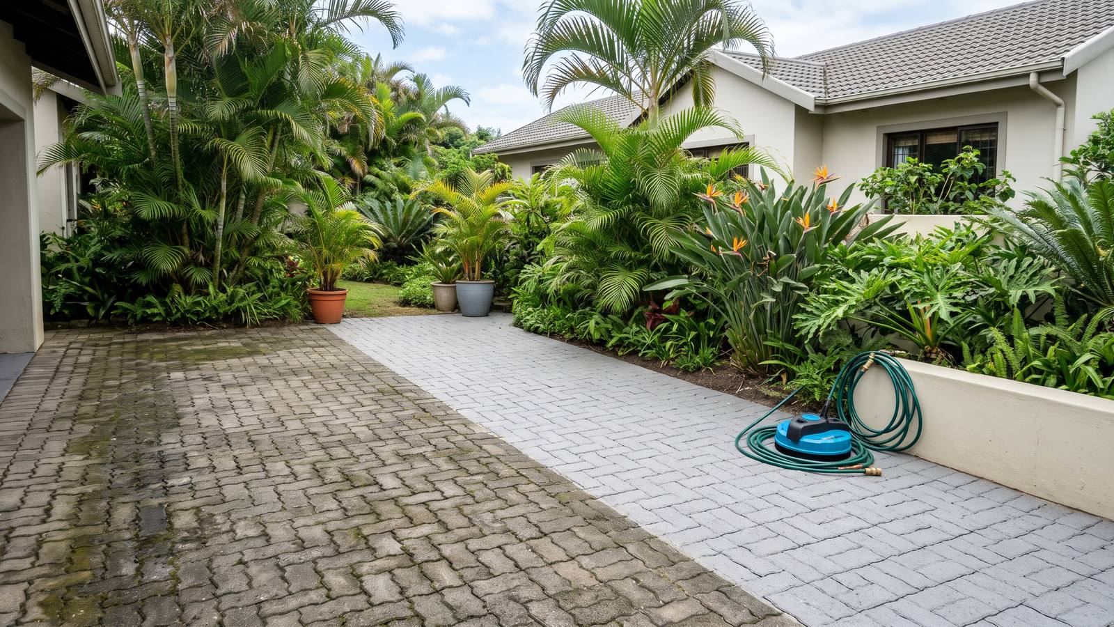 Concrete block patio halfway through paving cleaning, green algae on one side and clean grey pavers on the other, beside a subtropical garden.